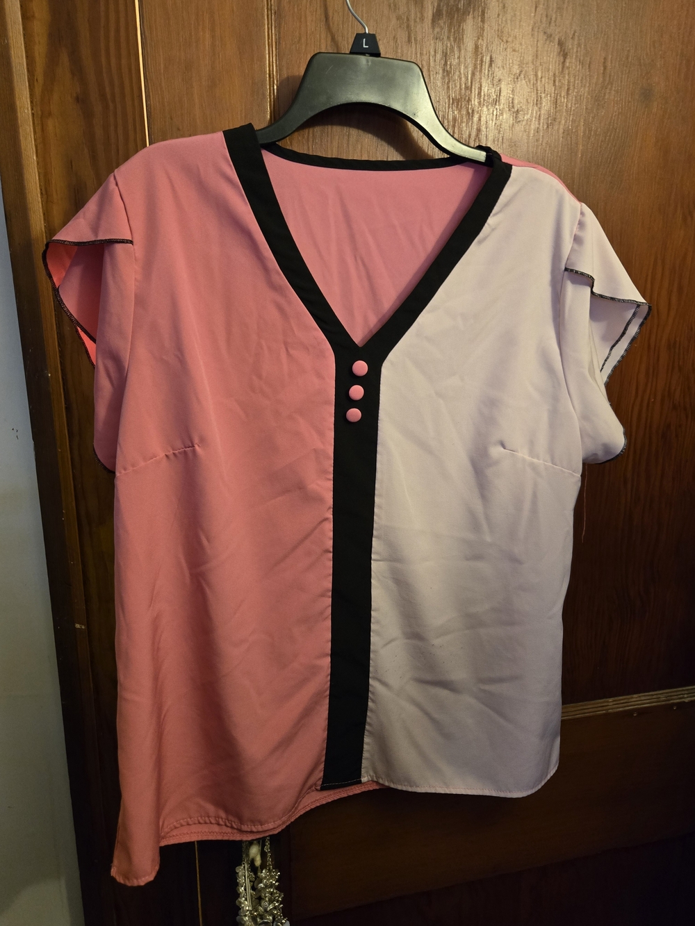 Like New Two-Tone Pink V-Neck Blouse with Black Trim